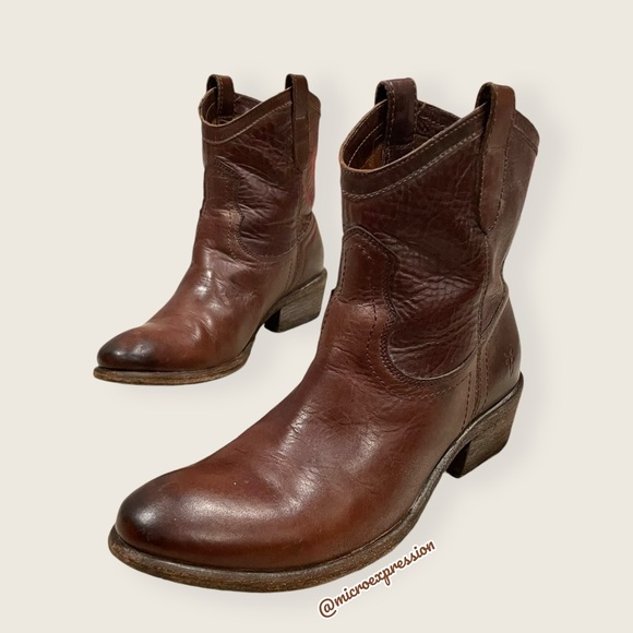 Frye Carson Pull On Brown Real Leather Western Low Heel Festival Cowgirl Boot - Picture 11 of 11